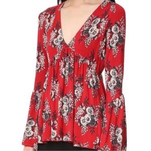Free people red floral bell sleeve top